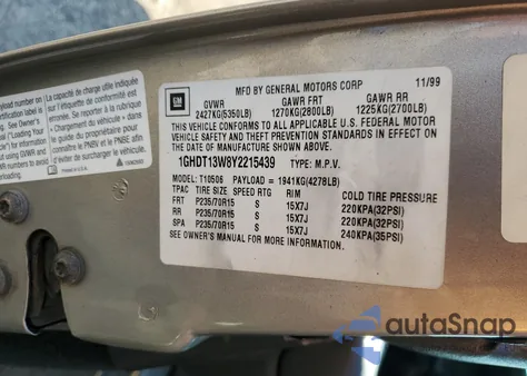 2000 Oldsmobile Bravada из США, поврежденный, VIN 1GHDT13W8Y2215439